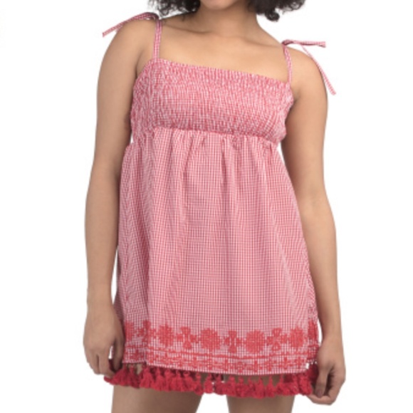 EN CREME Square Neck Smocked Bodice Embroidered Hem Mini Swing Dress - Picture 1 of 2